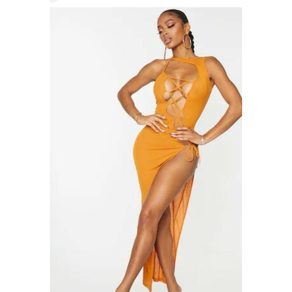 PrettyLittleThing PLT Shape rust orange Glitter Sheer  lace up maxi dress Sz 4